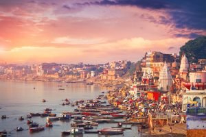 Holy town Varanasi and bank of the Ganges river with ghats